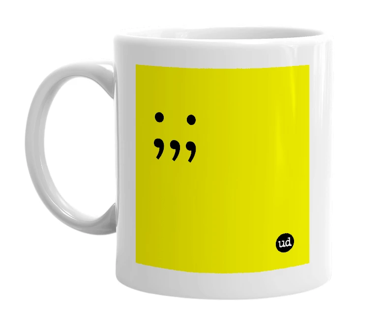 White mug with ';,;' in bold black letters