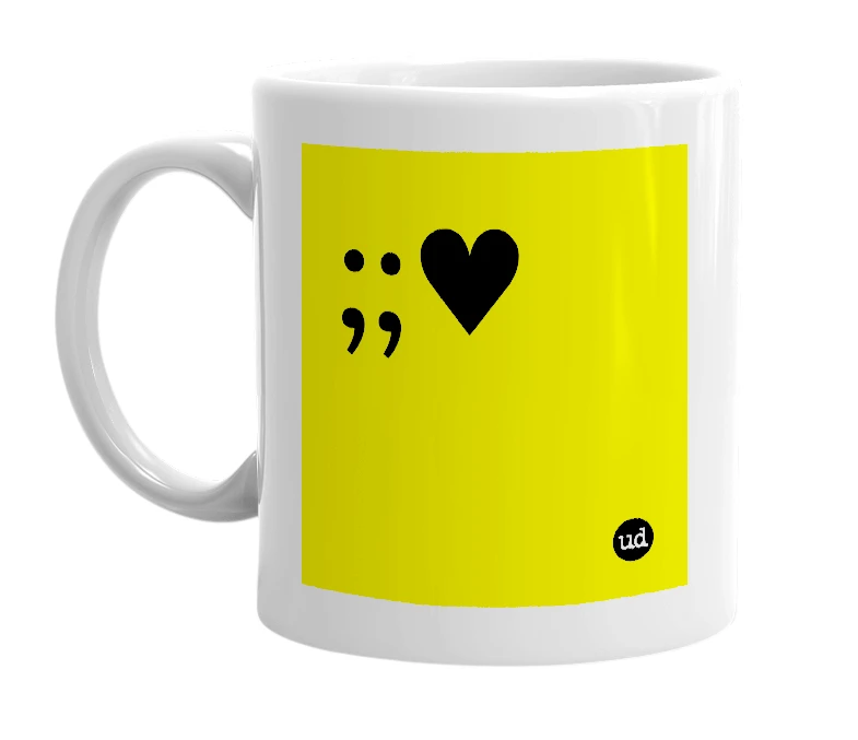 White mug with ';;♥' in bold black letters