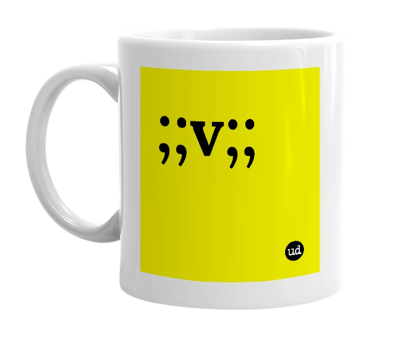 White mug with ';;v;;' in bold black letters