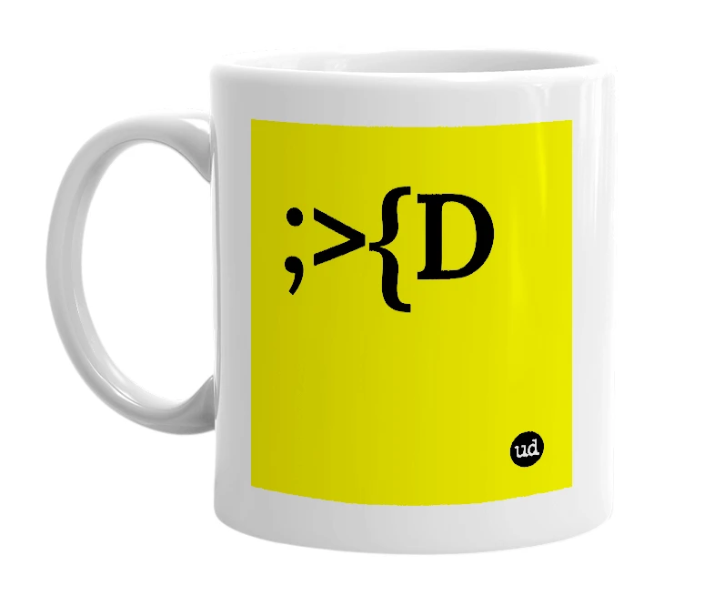 White mug with ';>{D' in bold black letters