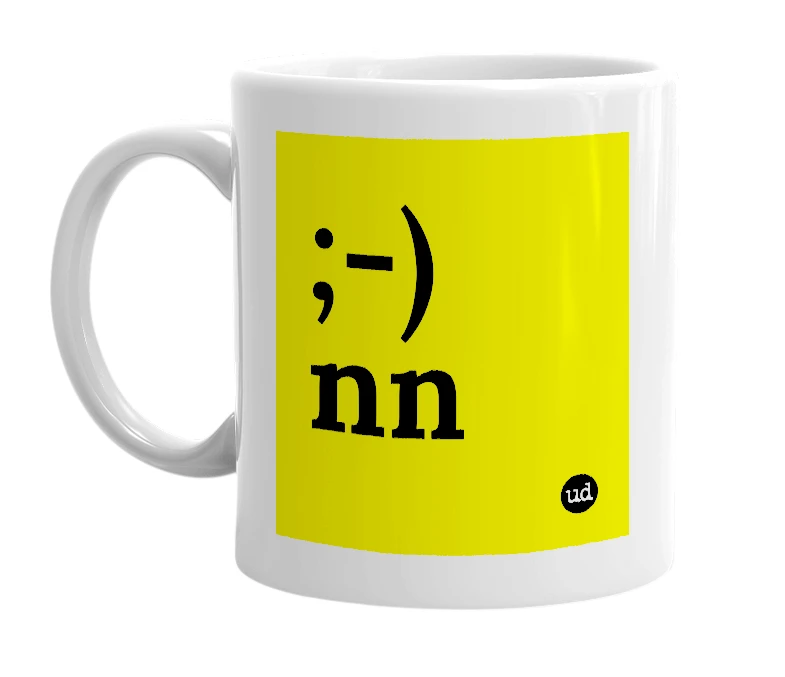 White mug with ';-) nn' in bold black letters