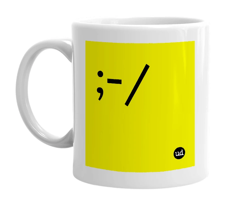 White mug with ';-/' in bold black letters