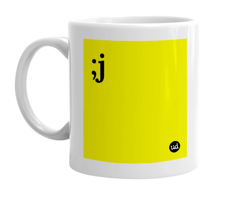 White mug with ';j' in bold black letters