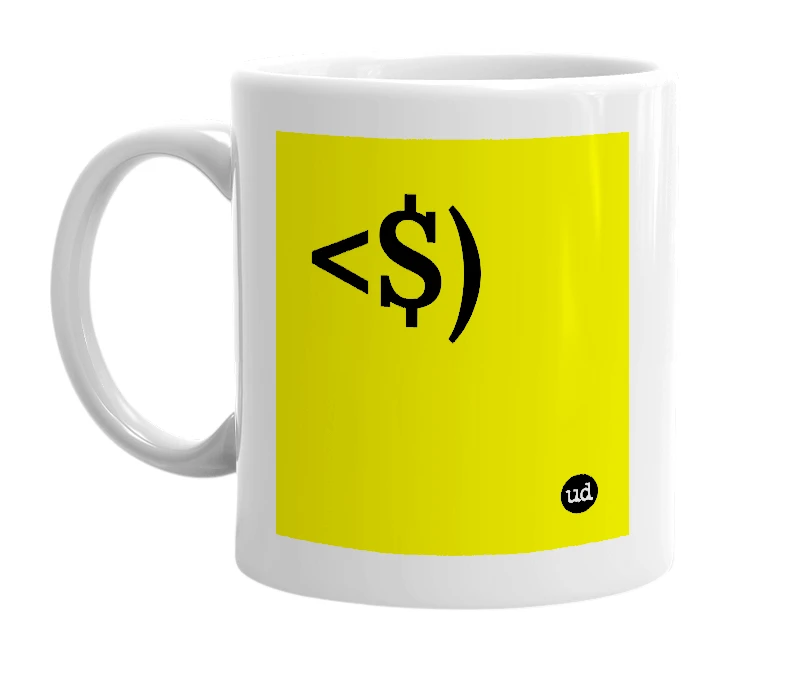 White mug with '<$)' in bold black letters