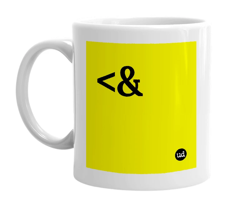 White mug with '<&' in bold black letters