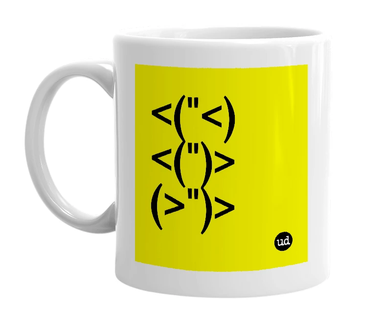 White mug with '<("<) <(")> (>")>' in bold black letters