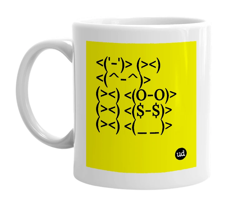 White mug with '<('-')> (><) <(^-^)> (><) <(O-O)> (><) <($-$)> (><) <(__)>' in bold black letters