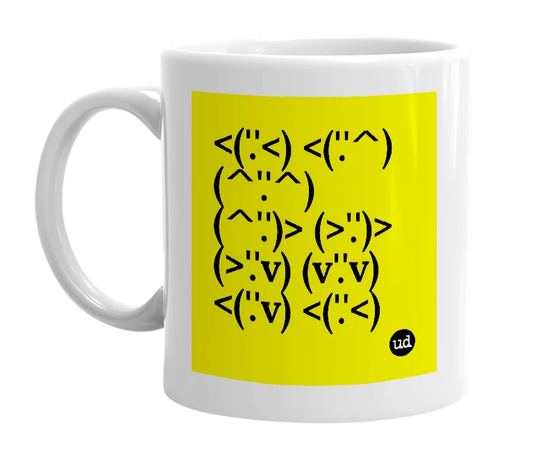 White mug with '<('.'<) <('.'^) (^'.'^) (^'.')> (>'.')> (>'.'v) (v'.'v) <('.'v) <('.'<)' in bold black letters