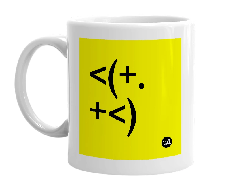 White mug with '<(+.+<)' in bold black letters