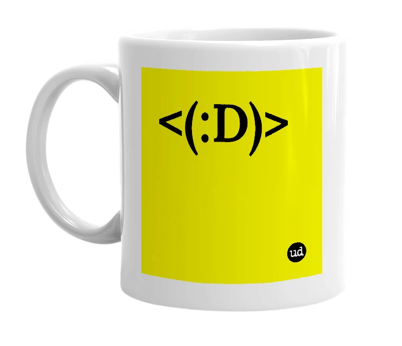 White mug with '<(:D)>' in bold black letters