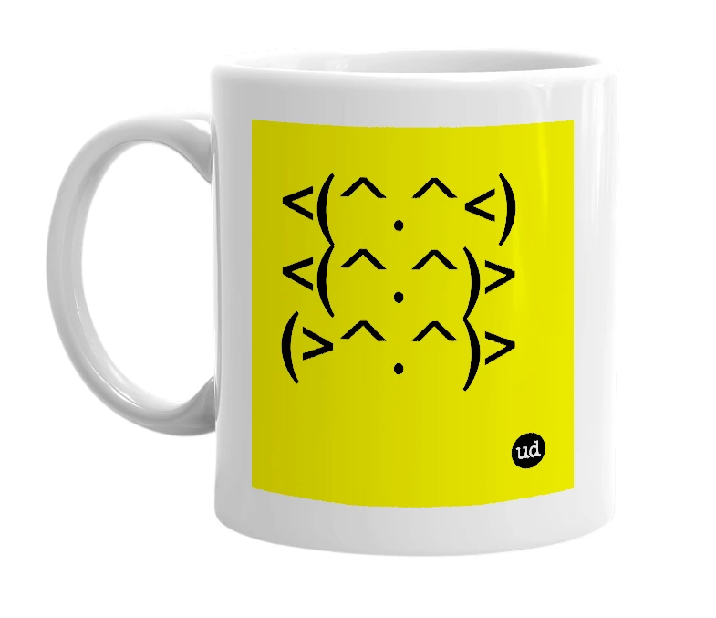 White mug with '<(^.^<) <(^.^)> (>^.^)>' in bold black letters
