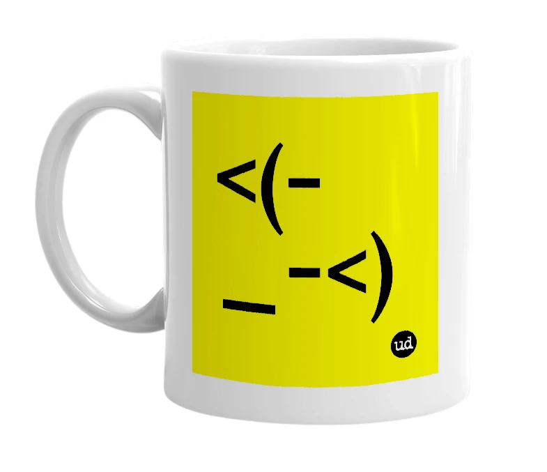 White mug with '<(-_-<)' in bold black letters