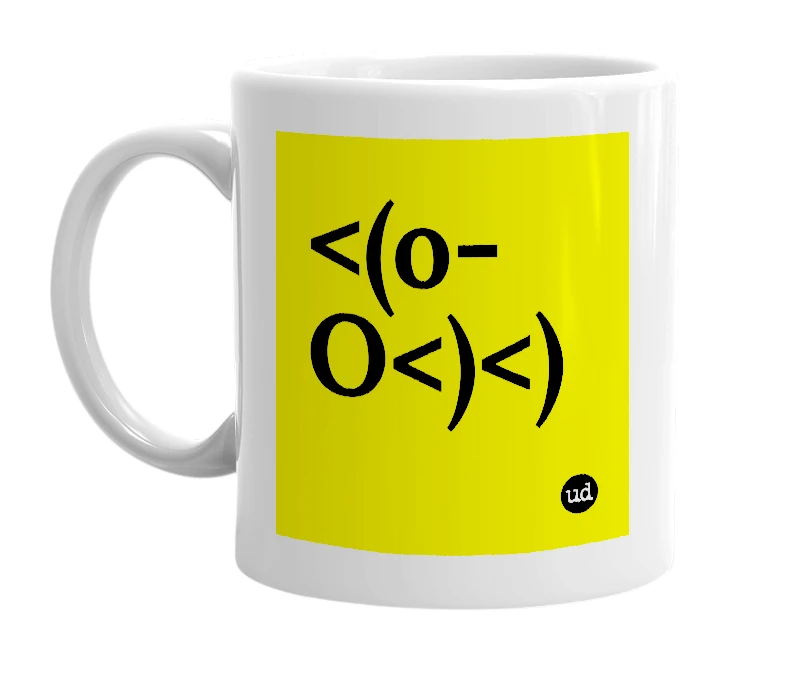 White mug with '<(o-O<)<)' in bold black letters