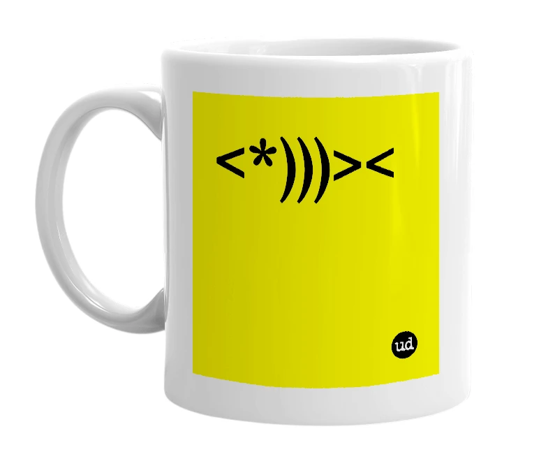 White mug with '<*)))><' in bold black letters
