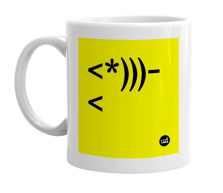White mug with '<*)))-<' in bold black letters