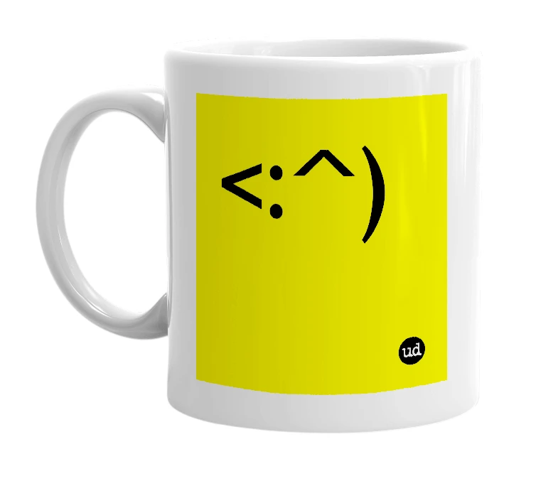 White mug with '<:^)' in bold black letters