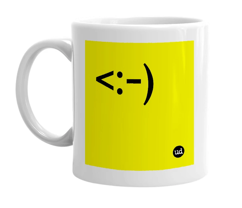 White mug with '<:-)' in bold black letters