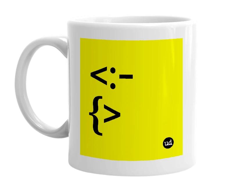 White mug with '<:-{>' in bold black letters