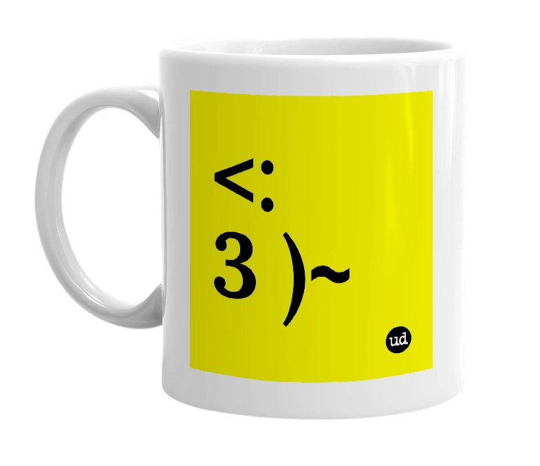 White mug with '<:3 )~' in bold black letters