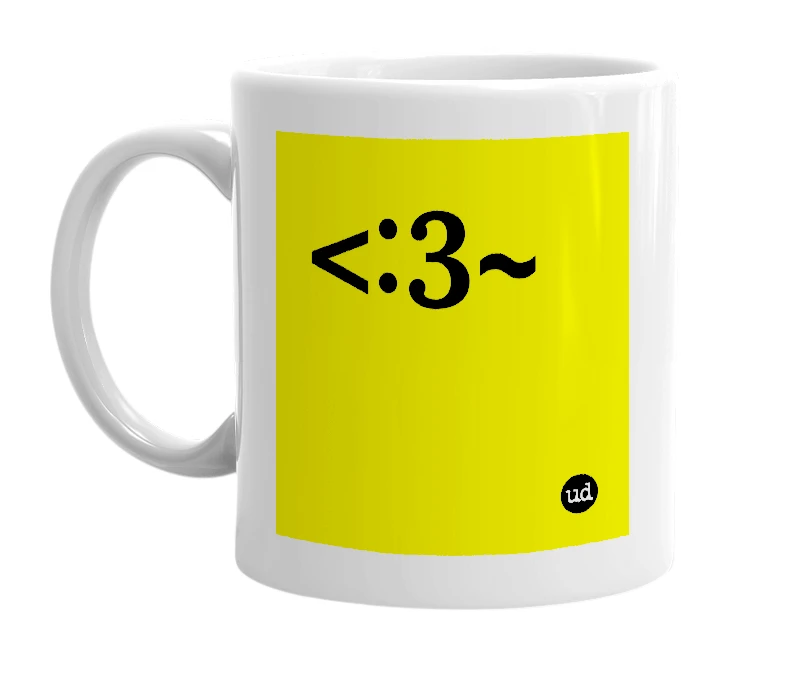 White mug with '<:3~' in bold black letters