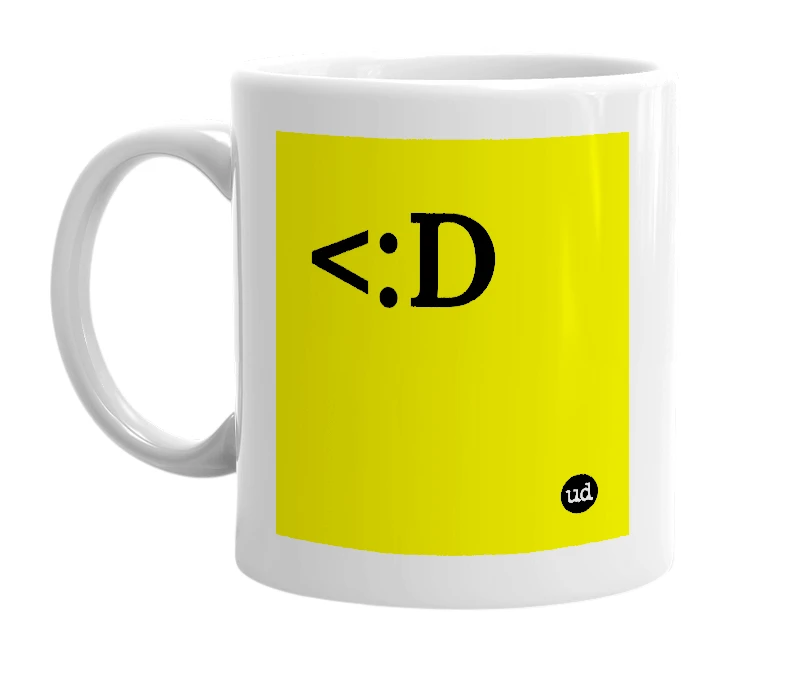 White mug with '<:D' in bold black letters