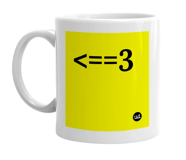 White mug with '<==3' in bold black letters