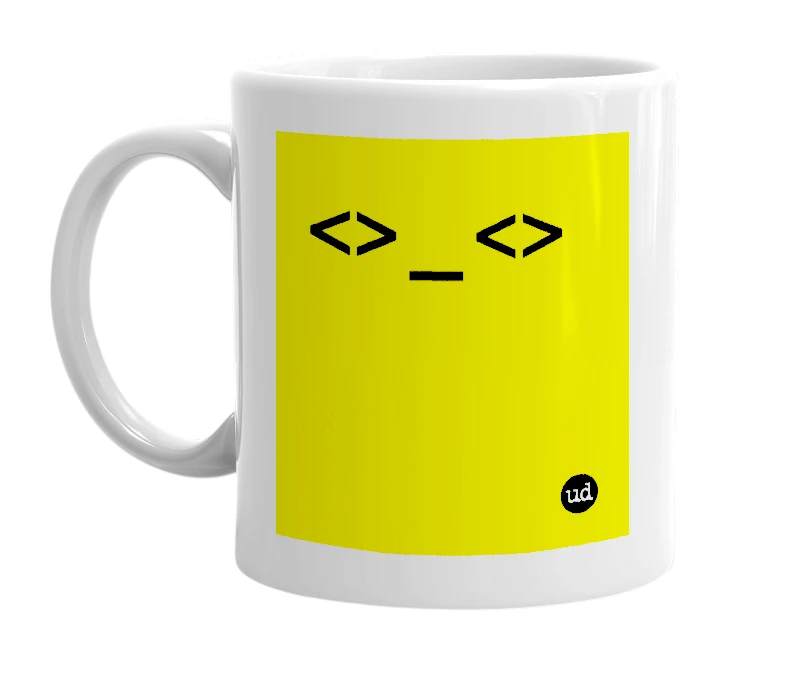 White mug with '<>_<>' in bold black letters