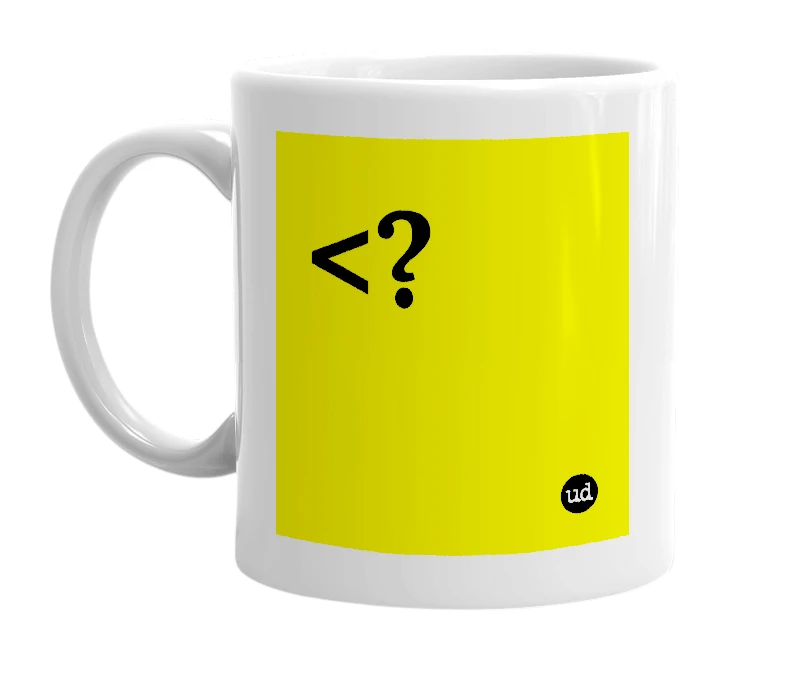 White mug with '<?' in bold black letters