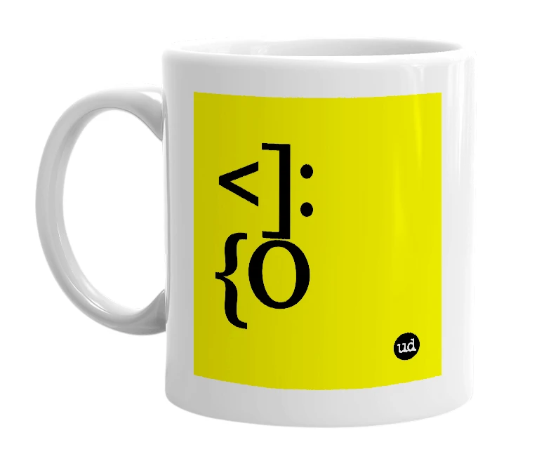 White mug with '<]:{O' in bold black letters