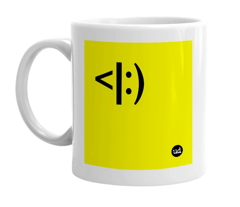 White mug with '<|:)' in bold black letters