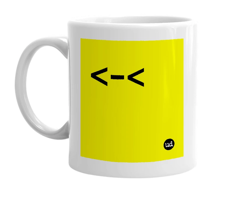 White mug with '<-<' in bold black letters