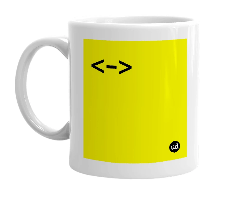 White mug with '<->' in bold black letters