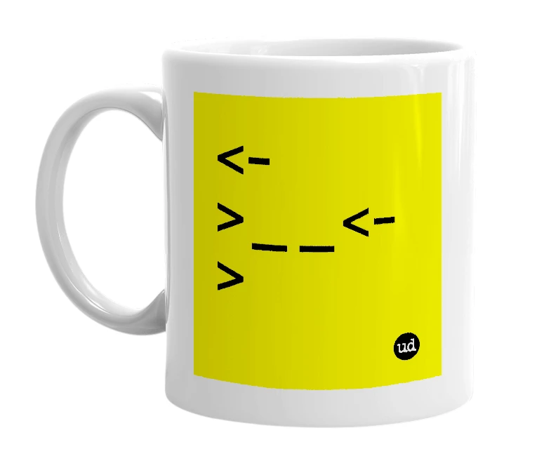 White mug with '<->__<->' in bold black letters