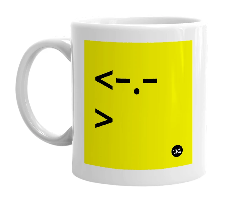 White mug with '<-.->' in bold black letters