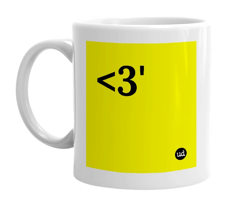 White mug with '<3'' in bold black letters