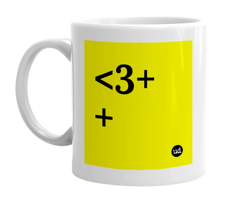 White mug with '<3++' in bold black letters