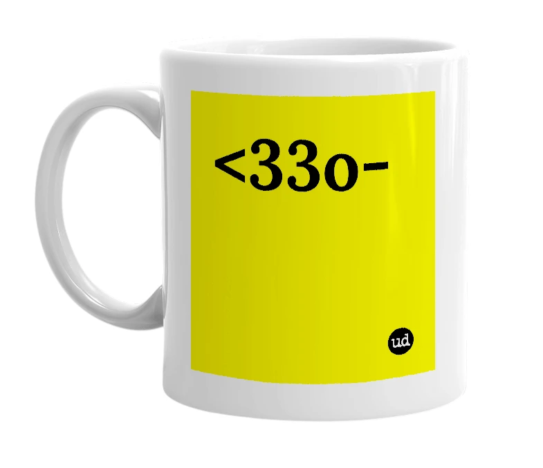 White mug with '<33o-' in bold black letters