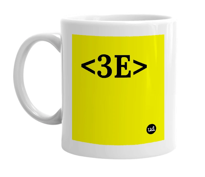 White mug with '<3E>' in bold black letters
