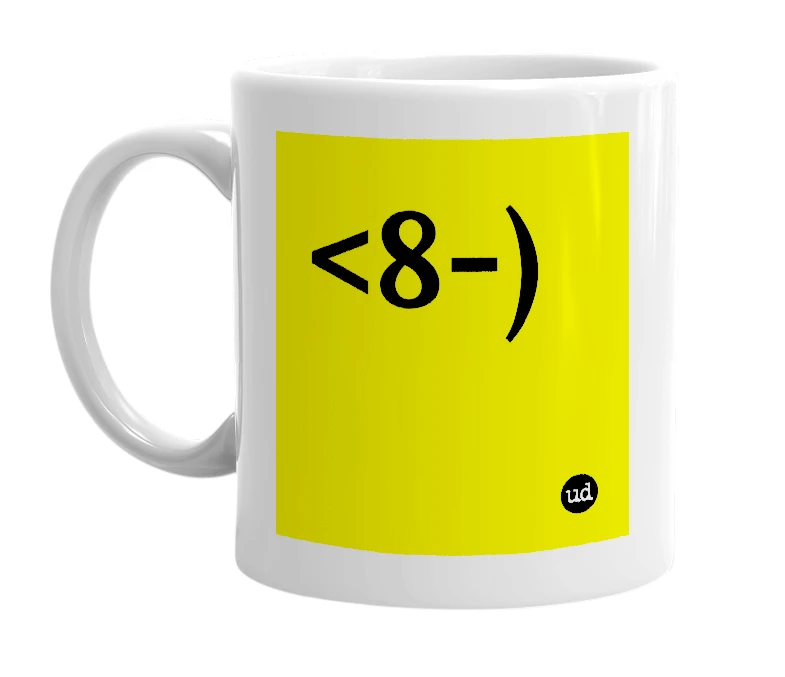 White mug with '<8-)' in bold black letters