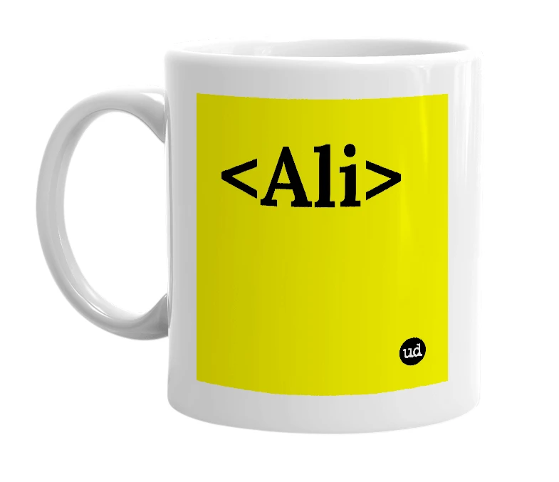 White mug with '<Ali>' in bold black letters