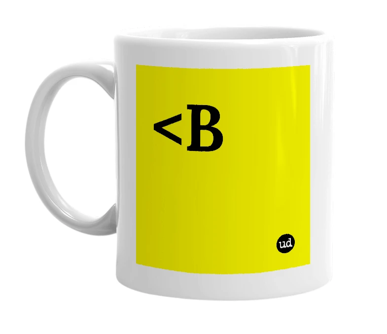 White mug with '<B' in bold black letters