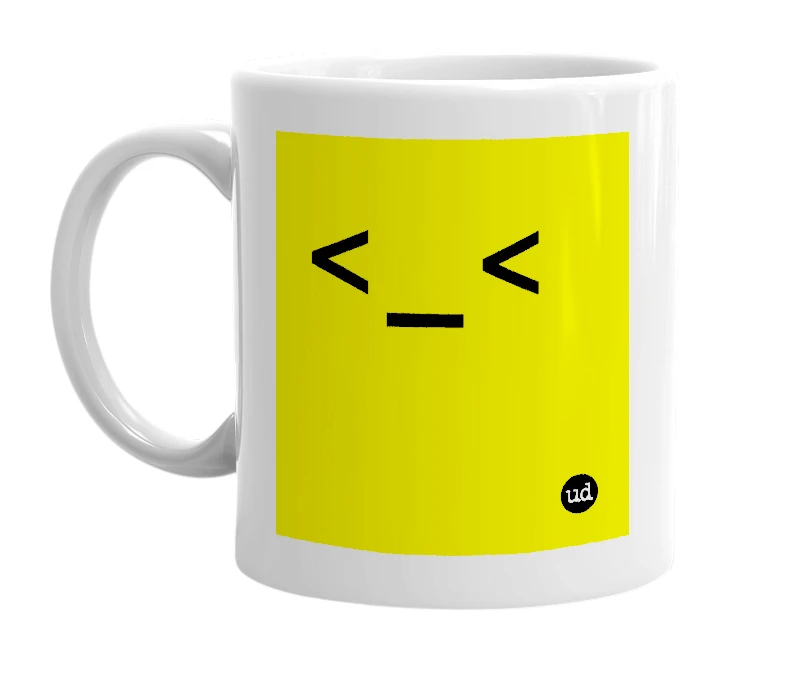 White mug with '<_<' in bold black letters