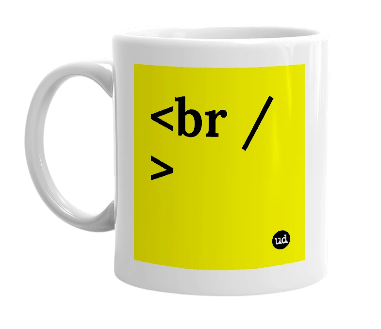 White mug with '<br />' in bold black letters