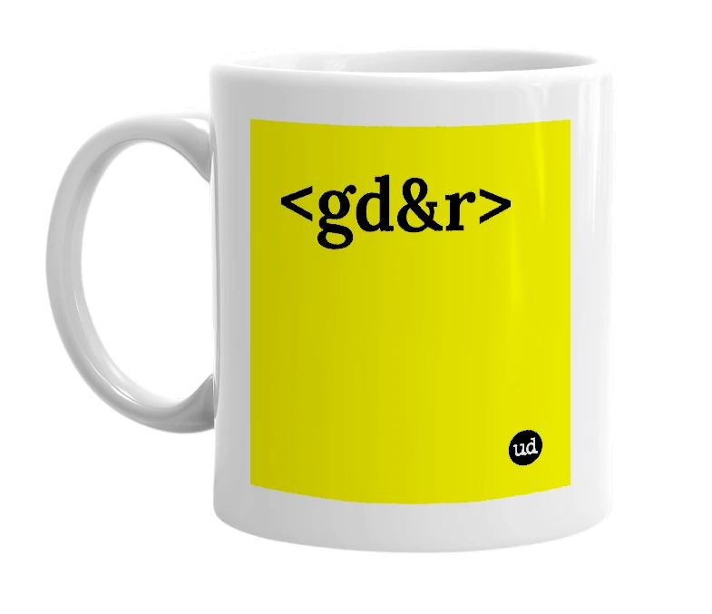 White mug with '<gd&r>' in bold black letters