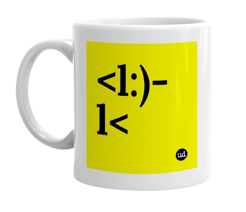 White mug with '<l:)-l<' in bold black letters