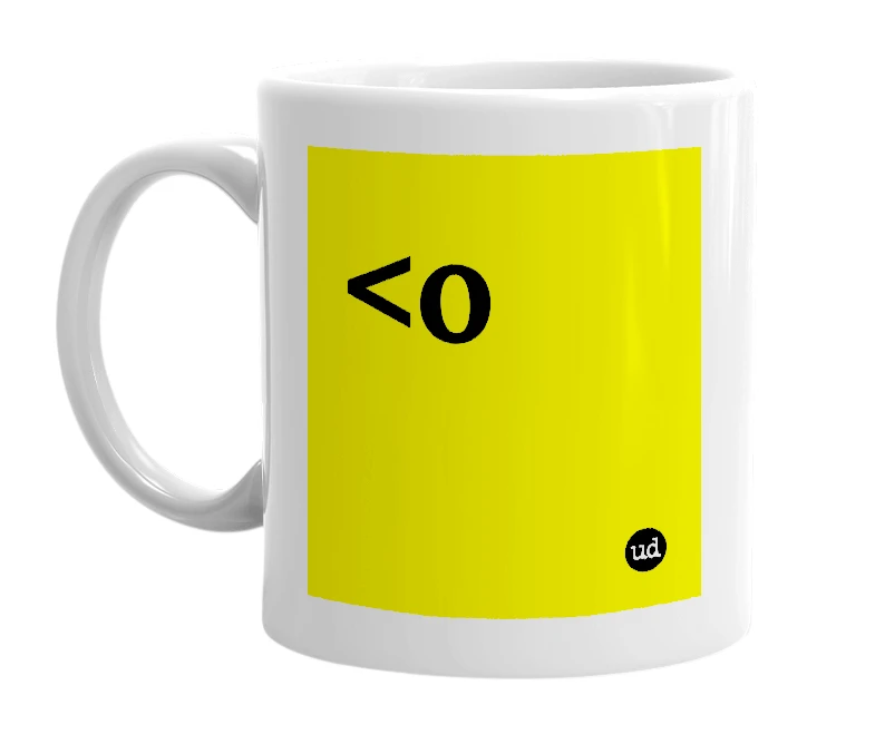 White mug with '<o' in bold black letters