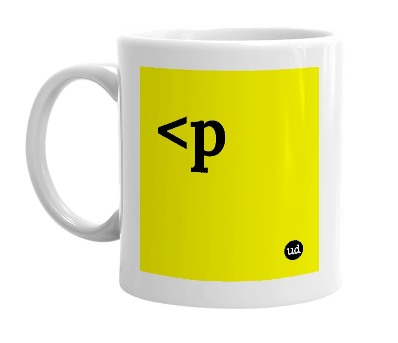 White mug with '<p' in bold black letters