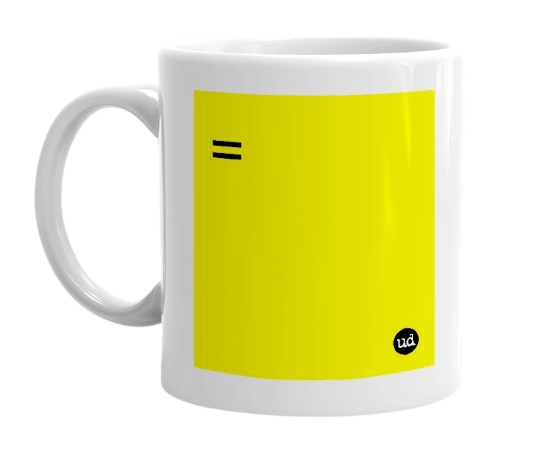 White mug with '=' in bold black letters