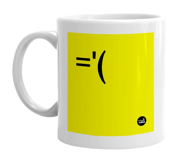 White mug with '='(' in bold black letters