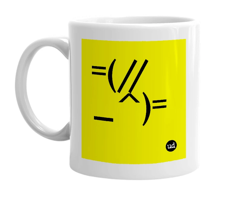 White mug with '=(//_^)=' in bold black letters